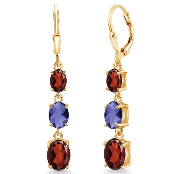 18K Yellow Gold with 5.44 Cttw 3 Stone Garnet and Blue Iolite Leverback Earrings